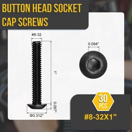 DTGN #8-32x1 Button Head Socket Cap Screws - 30Pack - Good for Road Bicycle, Mountain Bike, Auto, Motorcycle - 304 Stainless Steel Black Oxide - Hex Socket Drive Fasteners