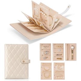 Travel Jewelry Organizer Case – Portable Jewelry Storage Book with Clear Zipper Velvet Pouches for Rings, Necklaces, Earrings – for Women, Valentine’s Day – Cream White