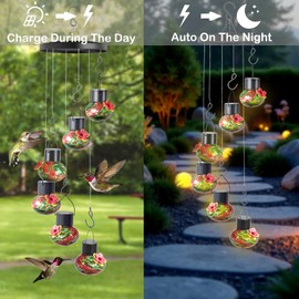 Solar Wind Chimes Hummingbird Feeder for Outdooors, Red and Green Hand-Blown Glass Bird Feeders with Leak-Proof Design, Ant & Bee Resistant, Perfect Garden Patio Decor (Red and Green)