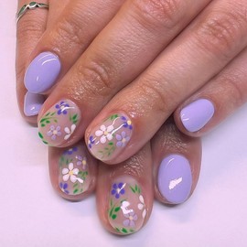 24 Pcs Short Press on Nails Oval Purple Flower Fake Nails Green Leaves False Nails Acrylic Nails with White Flowers Design Full Cover Glue on Nails for Women and Girls Nail Decoration