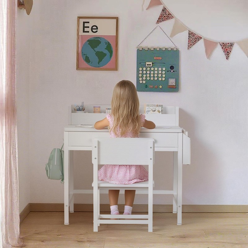 BOLUO White Kids Desk and Chair Set for 5-8 Year