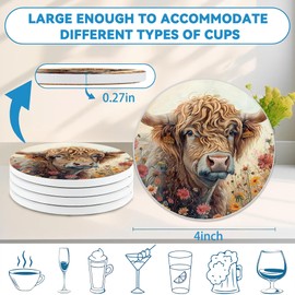 Drinks Coasters Set of 4, Highland Cow Wildflowers Round 4" Cup Coasters, Absorbent Ceramic Stone Coasters with Cork Base, Cute Coasters for Table Home Décor, Ideal Gifts for Women Men
