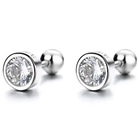 QueenBee 925 Sterling Silver Premium Cubic Zirconia Stud Earrings, Minimal Pure Silver Circonia Stud Earrings, Trendy Silver Studs, Silver Round Zirconia Earrings with twisted back, Silver Hypoallergenic Bead Earrings