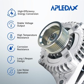 APLEDAX High Output Alternator For/Acura MDX, RL, TL, For/Honda -Odyssey 2005-2007, Pilot 2007-2008, Ridgeline 2007-2008, 3.2L, 3.5L, 3.7L, 130 Amp, 12V, CW, 6-Groove Pulley, 31100-RDJ-A01