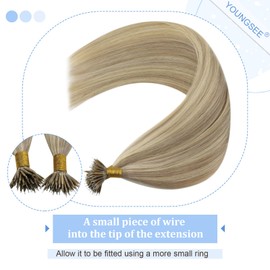 YoungSee Nanoring Extensions Real Hair Blonde Nano Ring Hair Extensions 40 cm Nano Ring Hair Extensions Real Hair Golden Blonde with Medium Blonde Nano Beads Hair Extensions 1 g/Strand 50 g #16/22