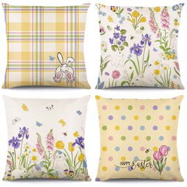 KIKISML Easter Cushion Covers 18x18 Inch, Set of 4 Cotton-Linen Spring Throw Pillowcase, Cushion Cover for Home Decor, Easter Decorations (Yellow)