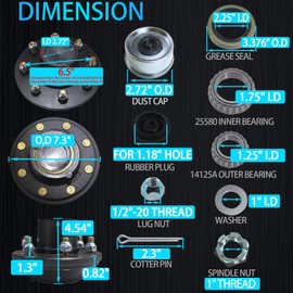 iBroPrat 1 Set Trailer Hub Kit 8 Bolt 6.5", Pre-Lubricated and Installed Trailer Axle Kit for 7000lb 8 Lug Trailer Hub Fits 25580 14125A Brearing with Dust Cap and Rubber Plug