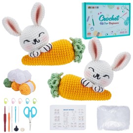 FREEBLOSS 2 Set Crochet Kit Crochet Easter Rabbit&Carrot Crochet Animals Kit for Beginners with Video Tutorials Crochet Starter Kit Crochet Yarn and Hook Set for Beginners Knitting Kit for Easter Gift