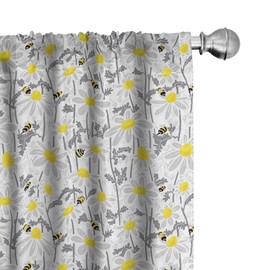 Ambesonne Grey Window Curtains, Daisy Flowers Bees in Spring Time Honey Petals Floret Nature Purity Blooming, Lightweight Decor 2-Panel Set with Rod Pocket, Pair of - 28" x 63", White Yellow