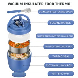 wiwens Thermo Food Jar for Hot Food Adults 32OZ Soup Thermo Lunch Containers Wide Mouth Vacuum Insulated Stainless Steel Leakproof Bento Box with Spoon (Blue)