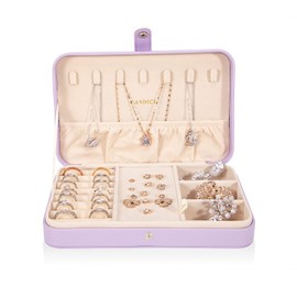 LANDICI Small Jewelry Box for Women Girls, PU Leather Travel Jewelry Case, Portable Jewelry Organizer Storage Holder Display for Ring Earrings Necklace Bracelet Bangle Men Kids Gift, Lavender