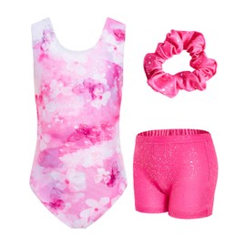 JiAmy Gymnastics Leotards for Girls with Shorts Set, 3Pcs Kids Gymnastics Athletic Outfit, Sleeveless Ballet Dancewear for Kids Pink Flowers 5-6 Years