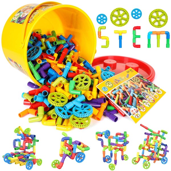 250 Pieces STEM Building Blocks, Pipe Tube Sensory Toys, Creative Tube Locks Construction Set with Wheels, with Storage Box, Preschool Educational Learning Toys, Present Gift for Boys Girls Aged 3+