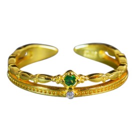 NicoWerk SRI711 Women's Silver Ring 925 Sterling Silver Golden Double Row with Green Zirconia Adjustable Open, Sterling Silver