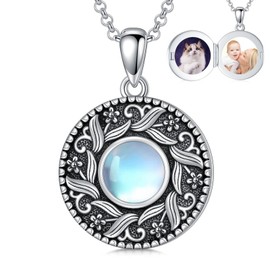 enjoylifecreative Moonstone Locket Necklace for Women 925 Sterling Silver Vintage Flower Picture Locket Floral Moonstone Photo Locket Pendant Jewellery Gifts for Mum Daughter Wife