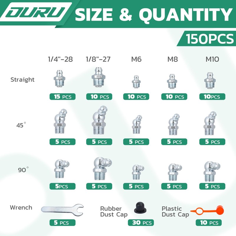OURU 150PCS Grease Fittings Kit, SAE & Metric Zerk Grease