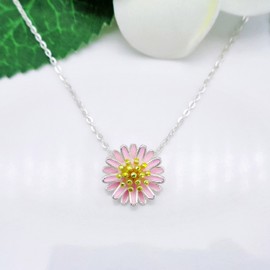 Hiqmic 925 Sterling Silver Cute Daisy Flower Pendant Necklace White Gold Plated Jewelry Gifts for Women 16"-18" WA99035-S-Pink