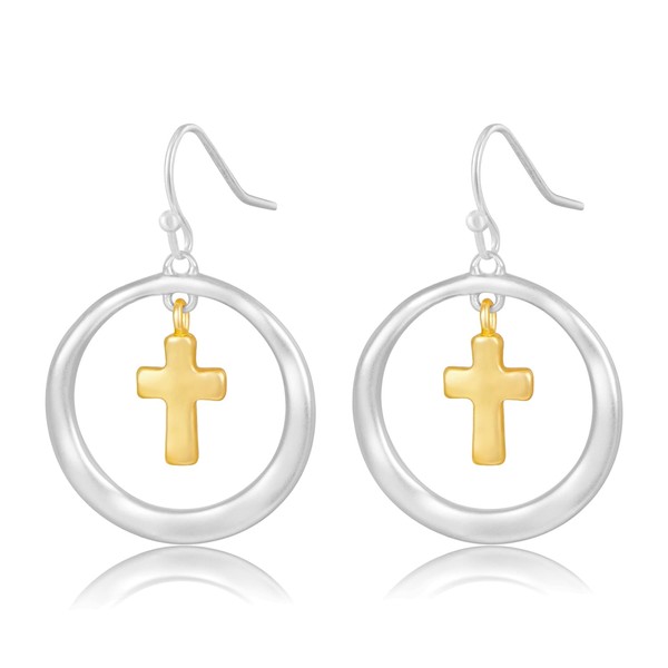 INNERDIVA Two Tone Dangle Earrings with Cross Pendant Hammered Drop