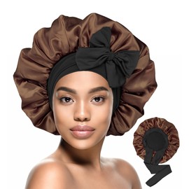 HiRui Silk Satin Bonnet for Sleeping Women, Double-Layer Sleep Cap Shower Cap with Adjustable Tie, Moisture Retaining Satin Lined Hair Bonnet for Curly and Natural Hair (Brown/Black, Medium)