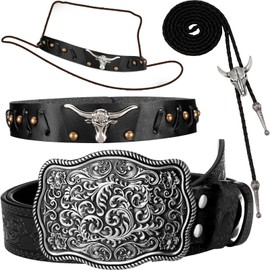 Panitay 3 Pcs Cowboy Accessories for Men Including Western Buckle Belt Hat Band for Cowboy Hat Vintage Bolo Tie (No Hat) (Novel Style)