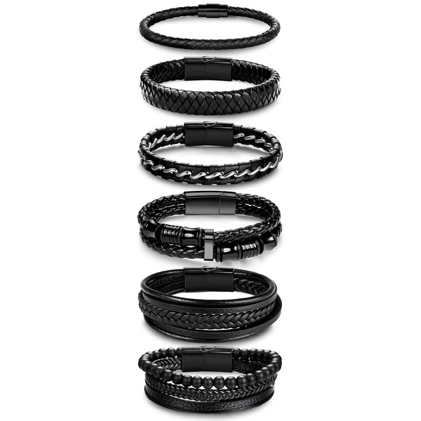 SAILIMUE 6Pcs Black Leather Bracelets for Men Women Braided Leather