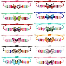 YAMAIDUO Pack of 12 Friendship Bracelets for Children, Girls, Adjustable Braided Friendship Bracelet with Butterfly Pendant, Friendship Bracelets, Children's Birthday Party Favours for Girls
