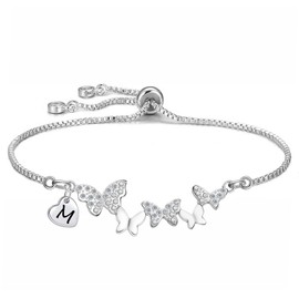 Yumioxa Butterfly Bracelets Women Gift Butterfly Jewellery for Her Women Silver Adjustable Ladies Daughter Girls Bracelets Capital 26 Letters Bracelets Crystal Jewelry Birthday Anniversary X'mas (M)
