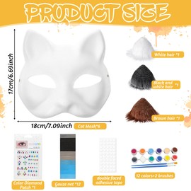 Pack of 6 Cat Masks with Eyes Mesh Fur Beard and Gemstone Stickers, Animal Cat Mask DIY Set Cat Masks to Paint Felt, Mask Craft Kit, DIY Blank Face Mask Costume for Masquerade, Hallow