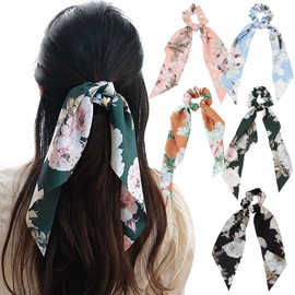 5 Pcs Satin Bowknot Hair Scrunchies Floral Hair Band Elastic Hairbands Hair Scarf Scrunchies Ponytail Holder Hair Accessories for Women Girls