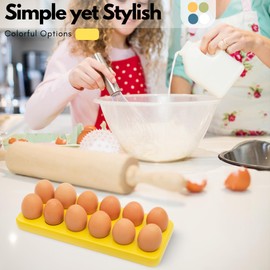 DECOMIL – Wood Egg Tray for Refrigerator & Countertop, Deviled Egg Tray Holder, Natural, Colorful and Cute Egg Holder, 12 Holes Wooden Egg Tray, Acaica Wood Egg Skelter, Yellow, Set of 2