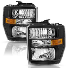 TUSDAR Headlight Assembly Set Fit for 2008-2014 Ford E150 E250 2008-2021 E350 E450 Super Duty Black Housing Amber Reflector Aero Style Headlamp Replacement