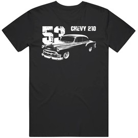 PurpleMonkeyTees 1953 Chevy 210 Front Three Quarter View with Year and Model T Shirt XL Black
