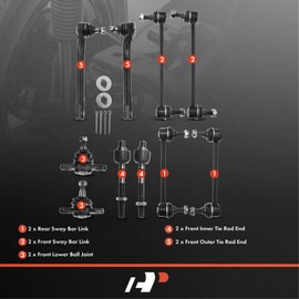 A-Premium Set of 10, Front Lower Ball Joint, Inner Outer Tie Rod End, Front & Rear Sway Bar Link, Compatible with Hyundai Elantra 2007-2008