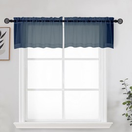 OWENIE Navy Blue Sheer Kitchen Valance for Windows Set of 2, Small Modern Rod Pocket Voile Valance Curtain Window Treatment Decor for Living Room Bathroom Cafe Laundry Basement, 42" W x 14" L