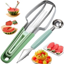 Defvnsy 5-in-1 Watermelon Slicer Cutter, Stainless Steel Watermelon Tool Portability Melon Fork Spoon Cutter Fruit Slicer Kit for Kitchen Gadgets Camping
