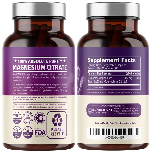 Pure Magnesium Citrate Capsules 1250mg, Easily Absorbed and Purified Trace