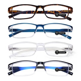 TERAISE 4 pairs Anti-blue Light Computer Reading Glasses with Spring Hinge Fashion(+250, Leopard+Blue+Clear+Black)