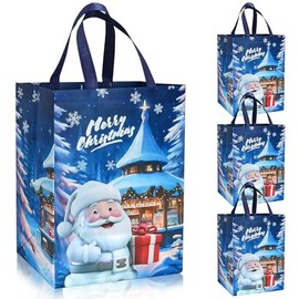 ADQUATOR Christmas Tote Bags - 4 Pack Large Christmas Bags with Handle Non-woven Fabric Gift Present Bag Cute Santa Claus Reusable Xmas Shopping Bag for Holiday Party