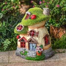 TERESA'S COLLECTIONS Garden Ornaments Outdoor for Garden Gifts, Flocked Solar Fairy House for Garden Decorations, Waterproof Resin Mushroom Garden Statue for Patio Lawn Balcony, Porch, 19.5cm