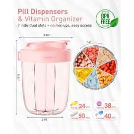 Large Pill Organizer,Supplement Organizer for 7 Different Vitamins,Pill Dispenser with Anti-Mixing Design,Easy to Retrieve Meds,Includes 20 Pcs Labels,BPA-Free Travel Pill Organizer(Pink)