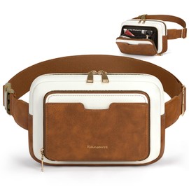 RAINSMORE Fanny Packs for Women, Leather Belt Bag Waterproof Everywhere Crossbody Waist Pack with Adjustable Strap Retro Sling Chest Bag for Work Running Travel Party, Brown with White
