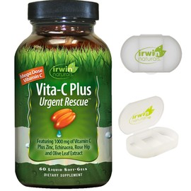 Irwin Naturals Vita-C Plus Urgent Rescue 1,000mg Mega Dose Vitamin C Immune Support Supplement - 60 Liquid Softgels with Pill Case
