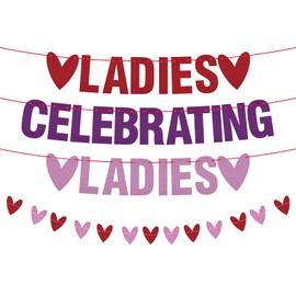 Arosche Galentines Day Decorations Ladies Celebrating Ladies Banner Pre-Assembled Glitter Valentines Hearts Hanging Banners Girls Welcome Sign Galentines Day Party Decorations for Mantle,Porch