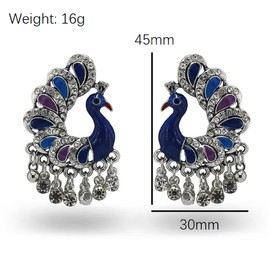 Peacock Tassel Earrings, Peacock Bird Tassel Dangle Earrings for Women, Bohemian Phoenix Peacock Statement Fringe Earrings Punk Boho Jewelry, Vintage Peacock Linear Tassel Drop Earrings (Silver)