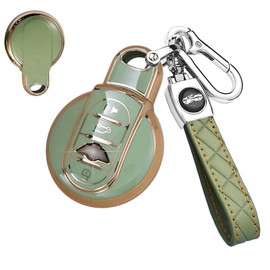 SANRILY Golden-Edge 4 Button Key Fob Cover for Mini Cooper Countryman F56 Convertible Clubman Hardtop Keyless Full Protection Key Case Shell with Keychain Light-Green