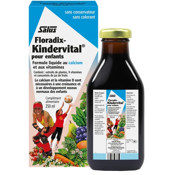 Salus Floradix Kindervital, Pour Enfants, Formule Liquide Enrichie en Calcium et Vitamine D pour la Santé et le Développement des Os, 250 ml