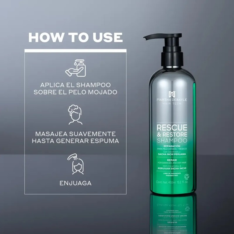 MARTHA DEBYALE HAIR TECH Rescue & Restore Shampoo. Restauración, con