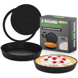 NutriChef 2 Round Tart Pans | 9 Inch Carbon Steel Cheesecake Baking Trays with Removable Base | Nonstick & Even Heat Distribution | Includes 100 Parchment Papers | Height of 1 Inch | Black