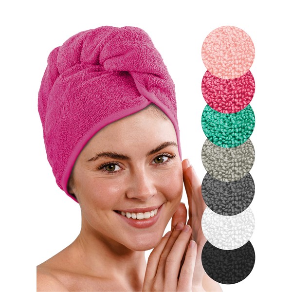 LAYNENBURG Set of 2 premium hair turban with button made of 100% cotton - hair towel incl. 8 Hair Bobbles - For Short and Long Hair - Turban Towel Is Quick Drying and Absorbent (Fuchsia)