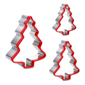 3 Pcs Christmas Tree Cookie Cutters, Stainless Steel Christmas Cookie Cutter with Red Environmental PVC Winter Holiday Biscuit Mold for Baking (3 Size)